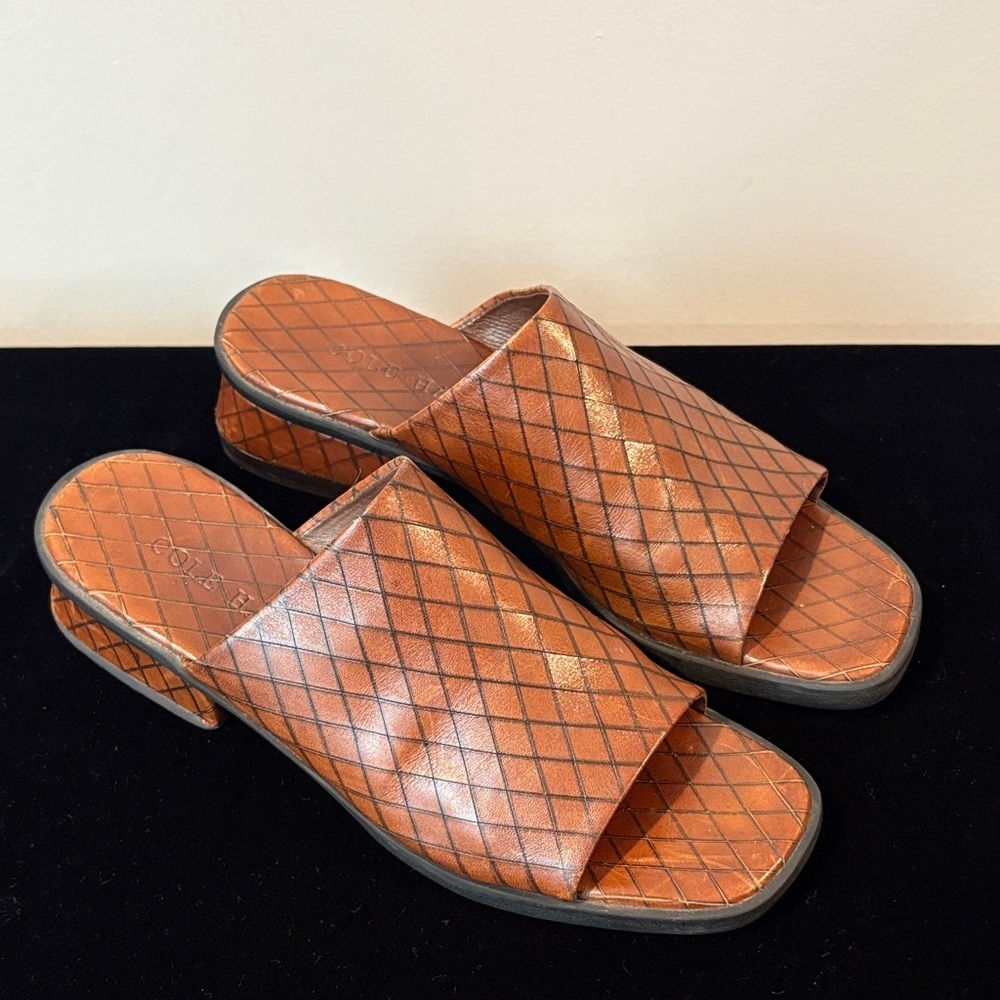 Vintage 90s Cole Haan Argyle Diamond Cognac Brown Leather Slides Sandals Size 8N